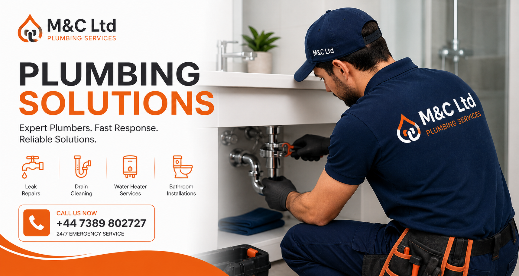 M&C Ltd emergency plumber carrying out plumbing repair under a bathroom sink in London